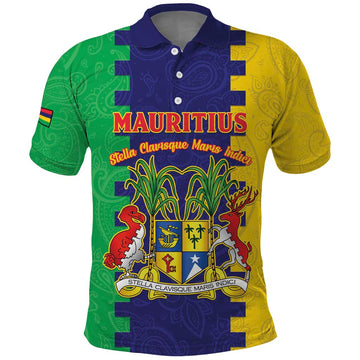 Personalised Mauritius Polo Shirt Coat Of Arms Mix Paisley Pattern LT15