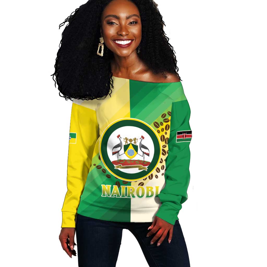 Personalised Nairobi Kenya Off Shoulder Sweater Coat Of Arms With Coffee LT15