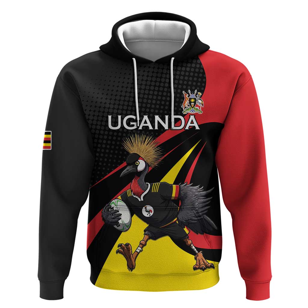 Uganda Rugby Custom Hoodie Black Crowned Crane Mascot - Sporty Style LT15