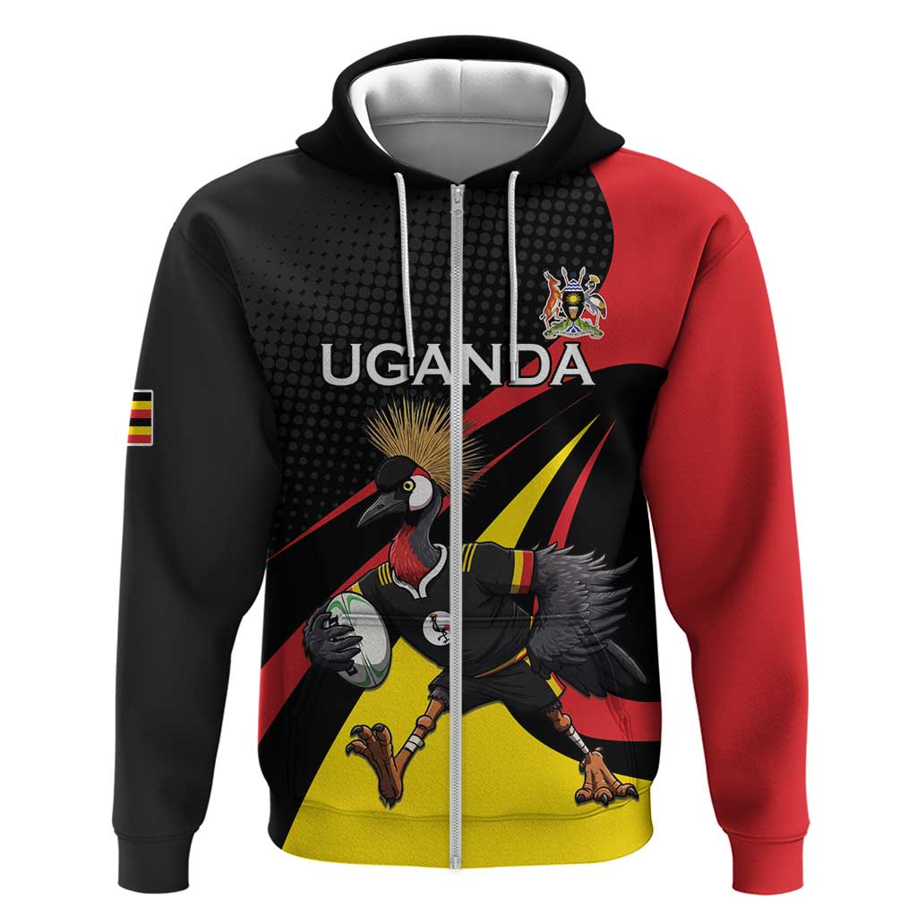 Uganda Rugby Custom Hoodie Black Crowned Crane Mascot - Sporty Style LT15