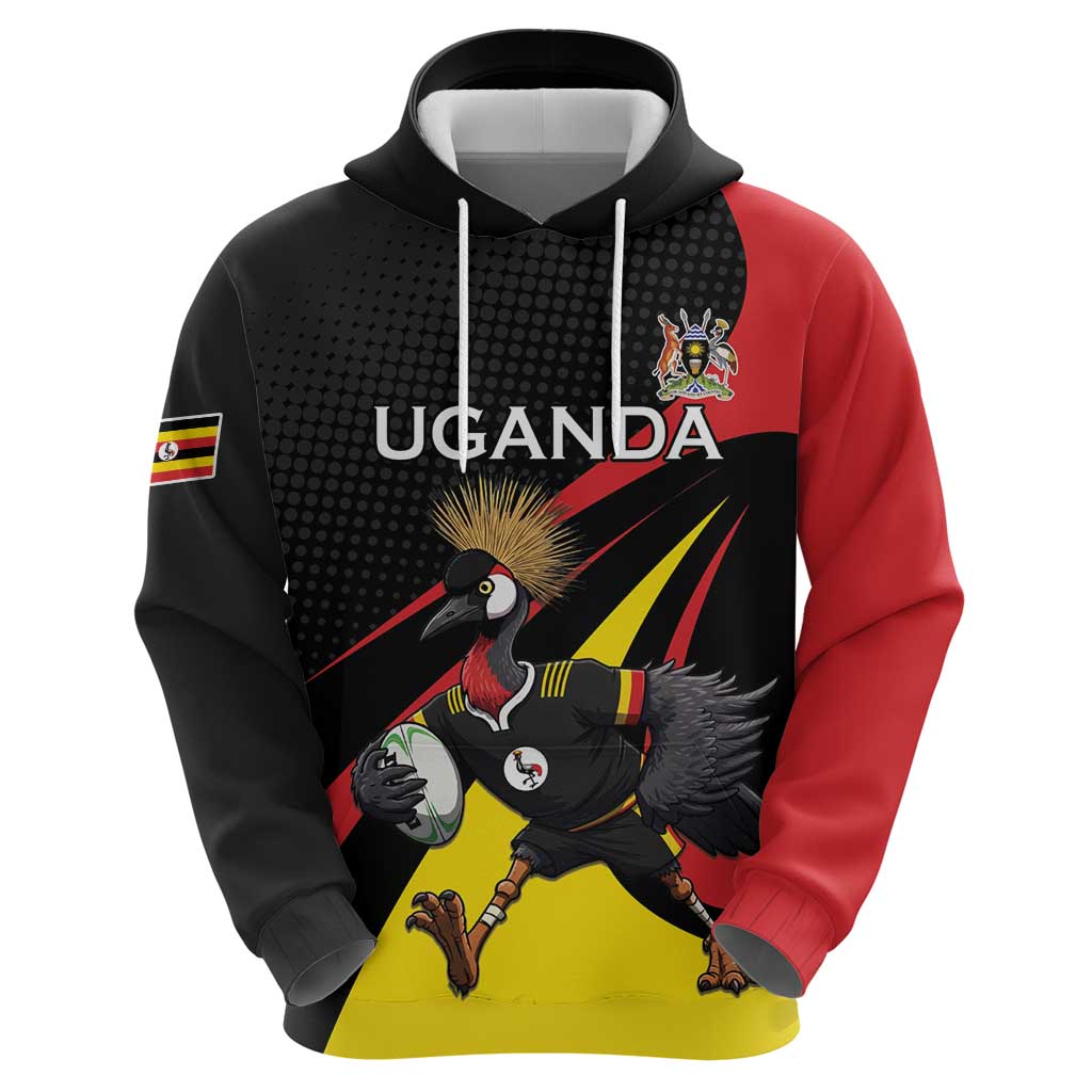 Uganda Rugby Custom Hoodie Black Crowned Crane Mascot - Sporty Style LT15