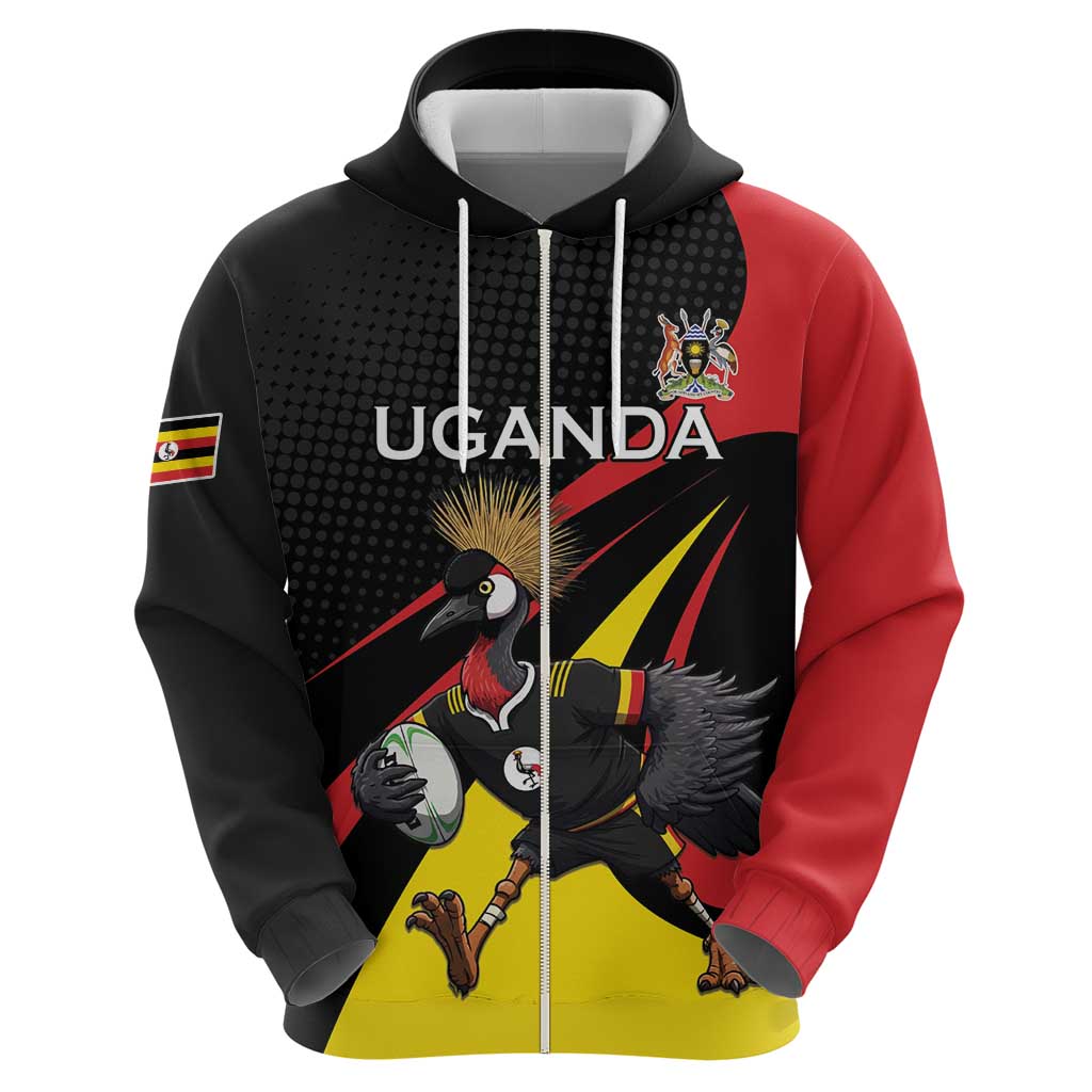 Uganda Rugby Custom Hoodie Black Crowned Crane Mascot - Sporty Style LT15