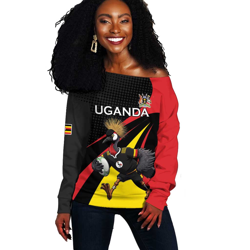 Jamhuri ya Uganda Rugby Custom Off Shoulder Sweater With Black Crowned Crane Mascot LT15
