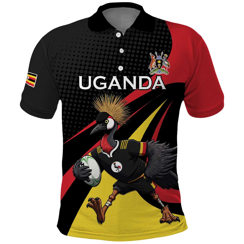 Uganda Rugby Custom Polo Shirt Black Crowned Crane Mascot - Sporty Style LT15