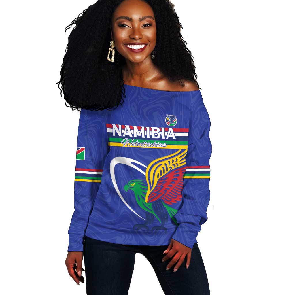 Namibia Rugby Custom Off Shoulder Sweater African Fish Eagle - Flag Colors LT15