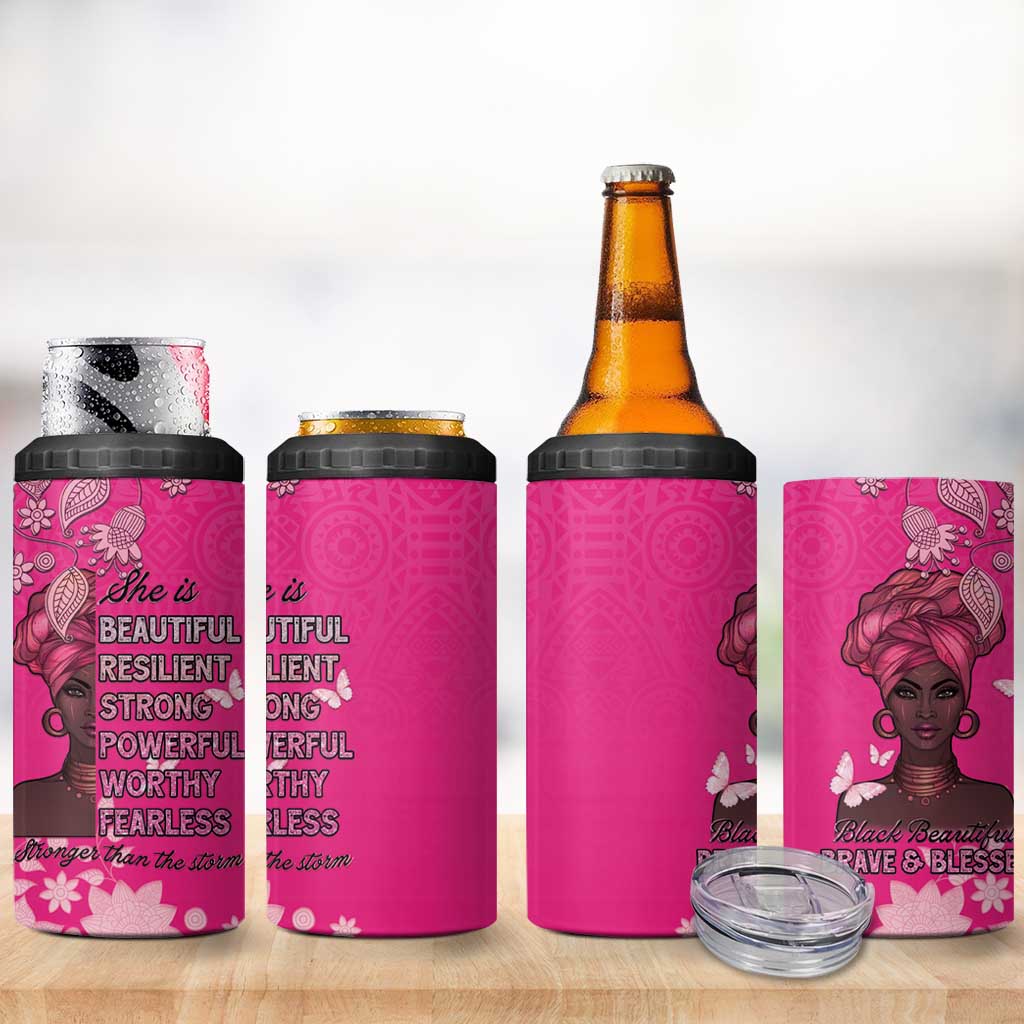 African Women Black Beautiful Brave and Bressed - Pink Color 4 in 1 Can Cooler Tumbler LT15