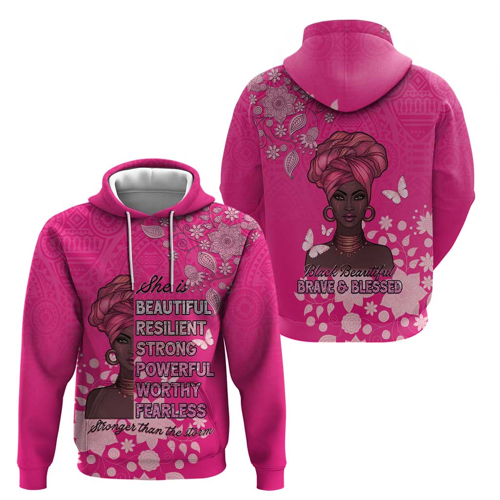 African Women Hoodie Black Beautiful Brave and Bressed - Pink Color LT15