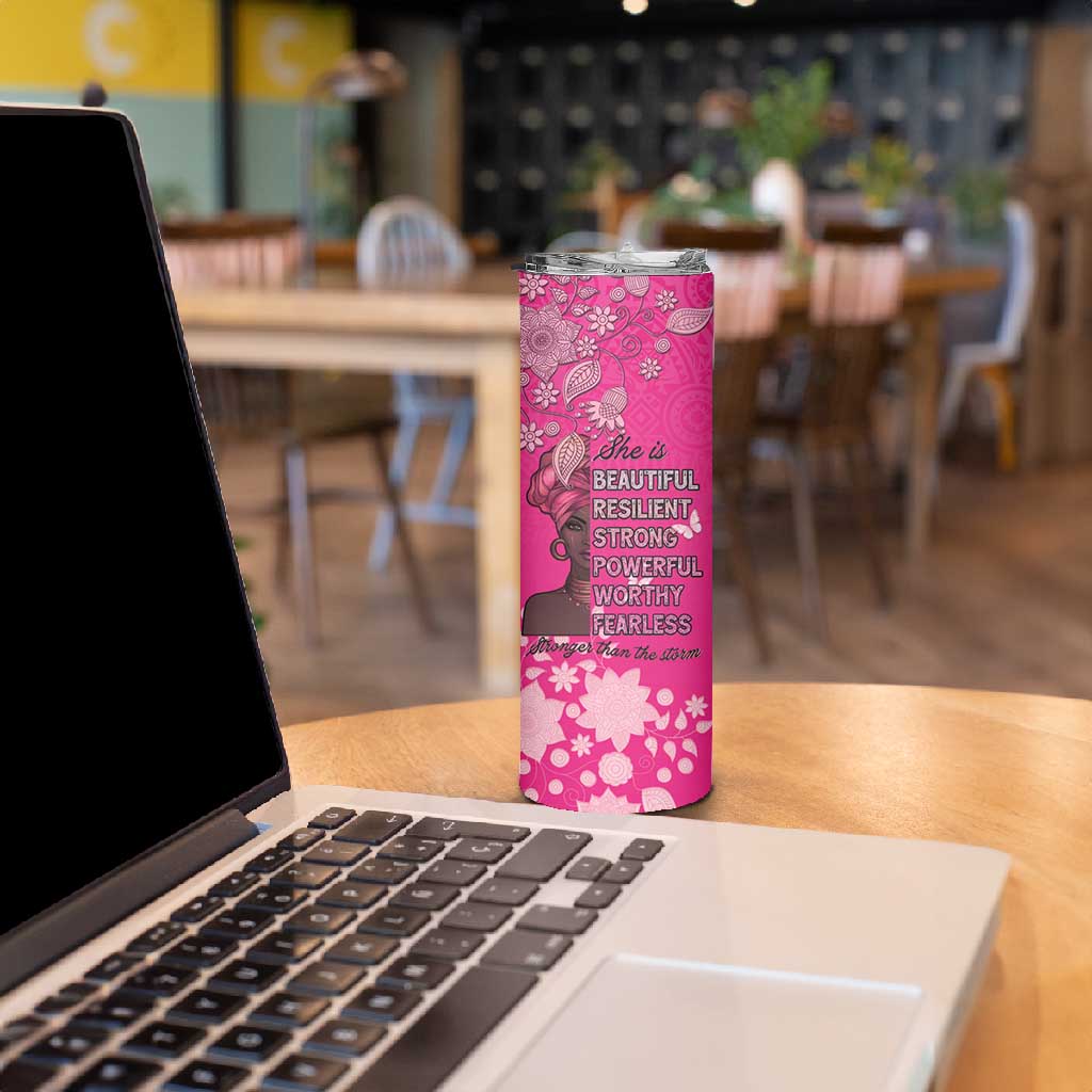 African Women Black Beautiful Brave and Bressed - Pink Color Skinny Tumbler LT15