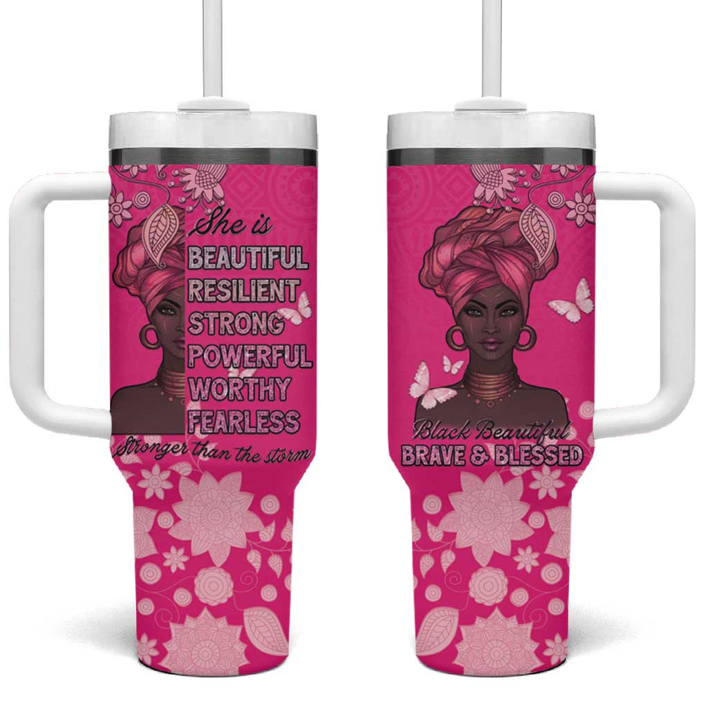 African Women Black Beautiful Brave and Bressed - Pink Color Tumbler With Handle LT15