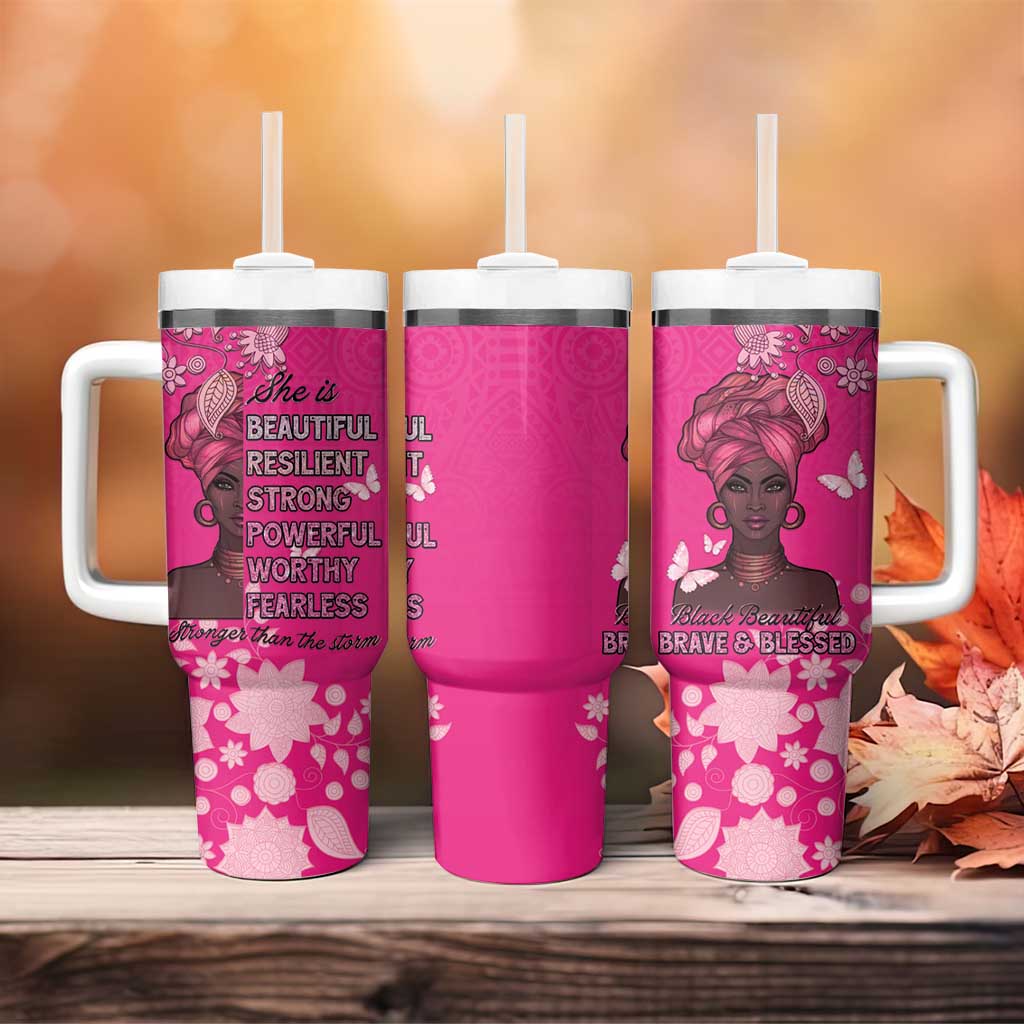 African Women Black Beautiful Brave and Bressed - Pink Color Tumbler With Handle LT15