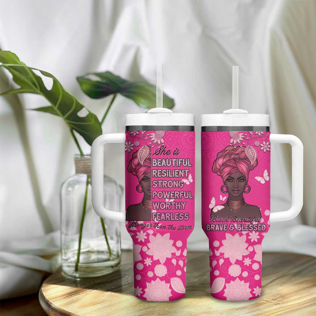 African Women Black Beautiful Brave and Bressed - Pink Color Tumbler With Handle LT15