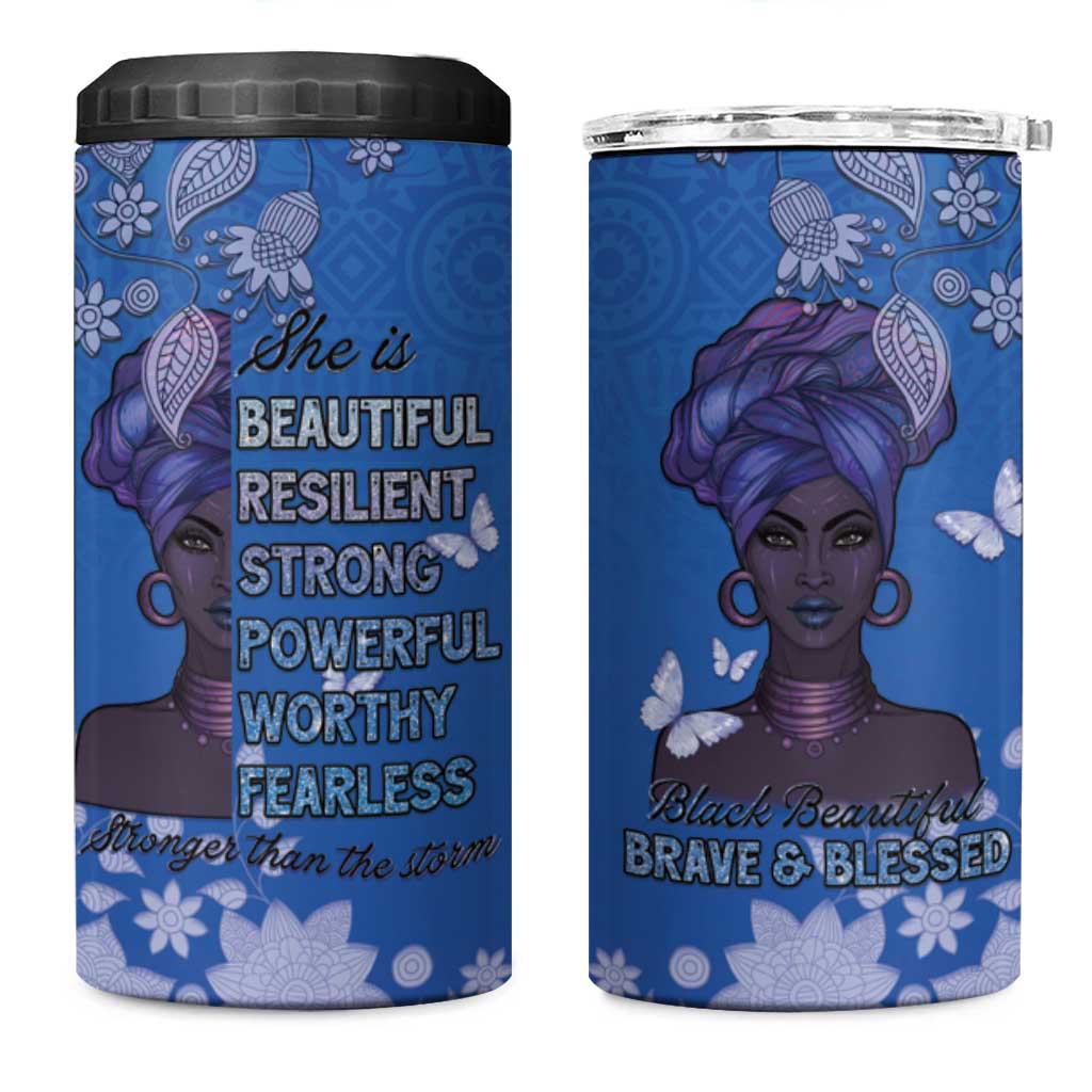 African Women Black Beautiful Brave and Bressed - Blue Color 4 in 1 Can Cooler Tumbler LT15