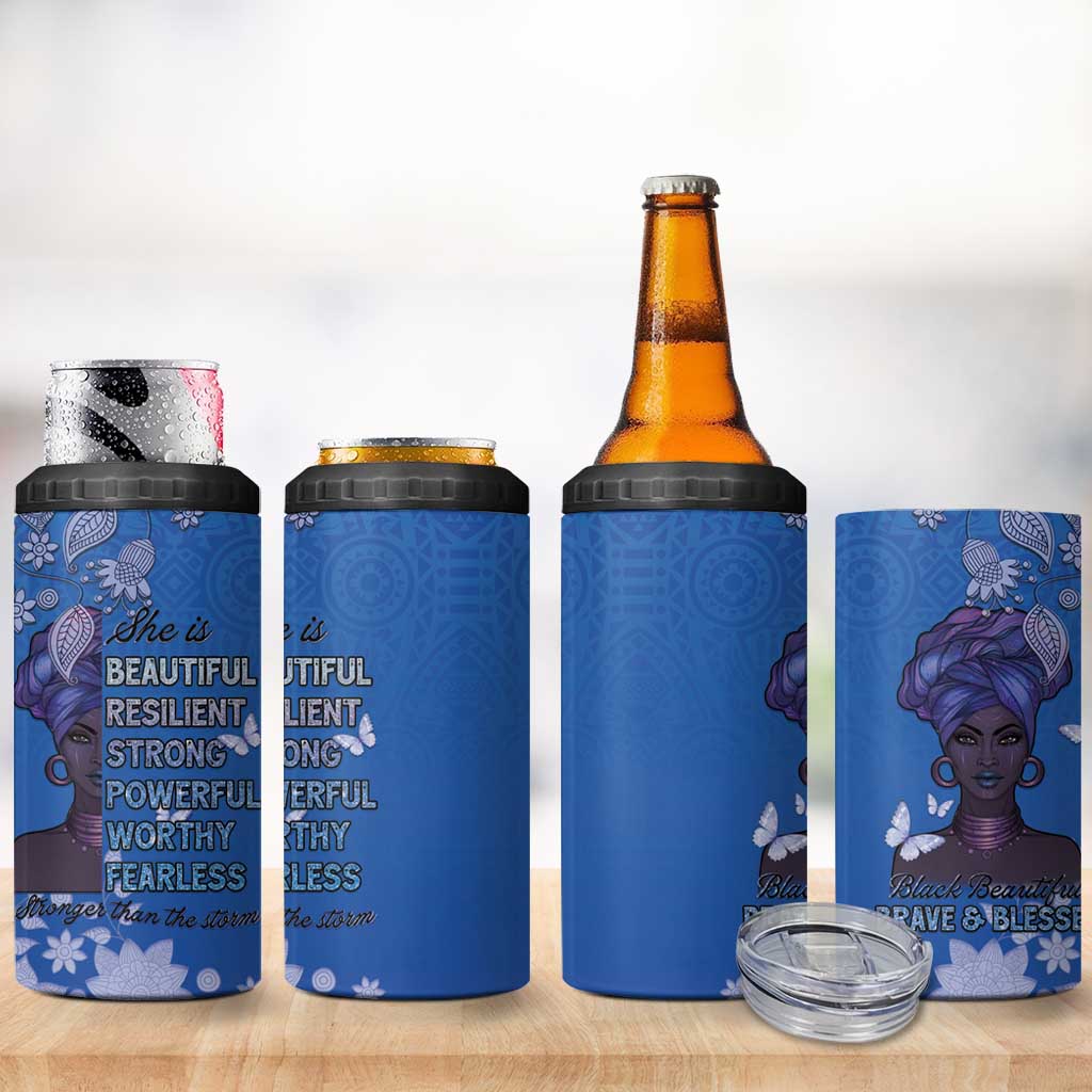 African Women Black Beautiful Brave and Bressed - Blue Color 4 in 1 Can Cooler Tumbler LT15