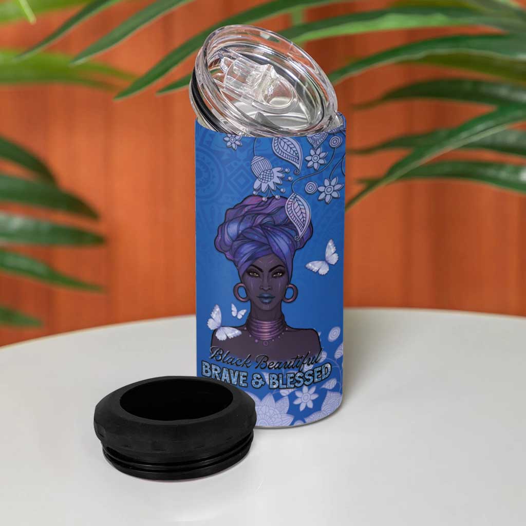 African Women Black Beautiful Brave and Bressed - Blue Color 4 in 1 Can Cooler Tumbler LT15