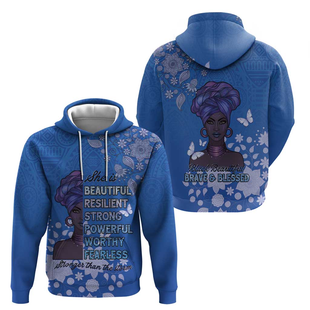 African Women Hoodie Black Beautiful Brave and Bressed - Blue Color LT15