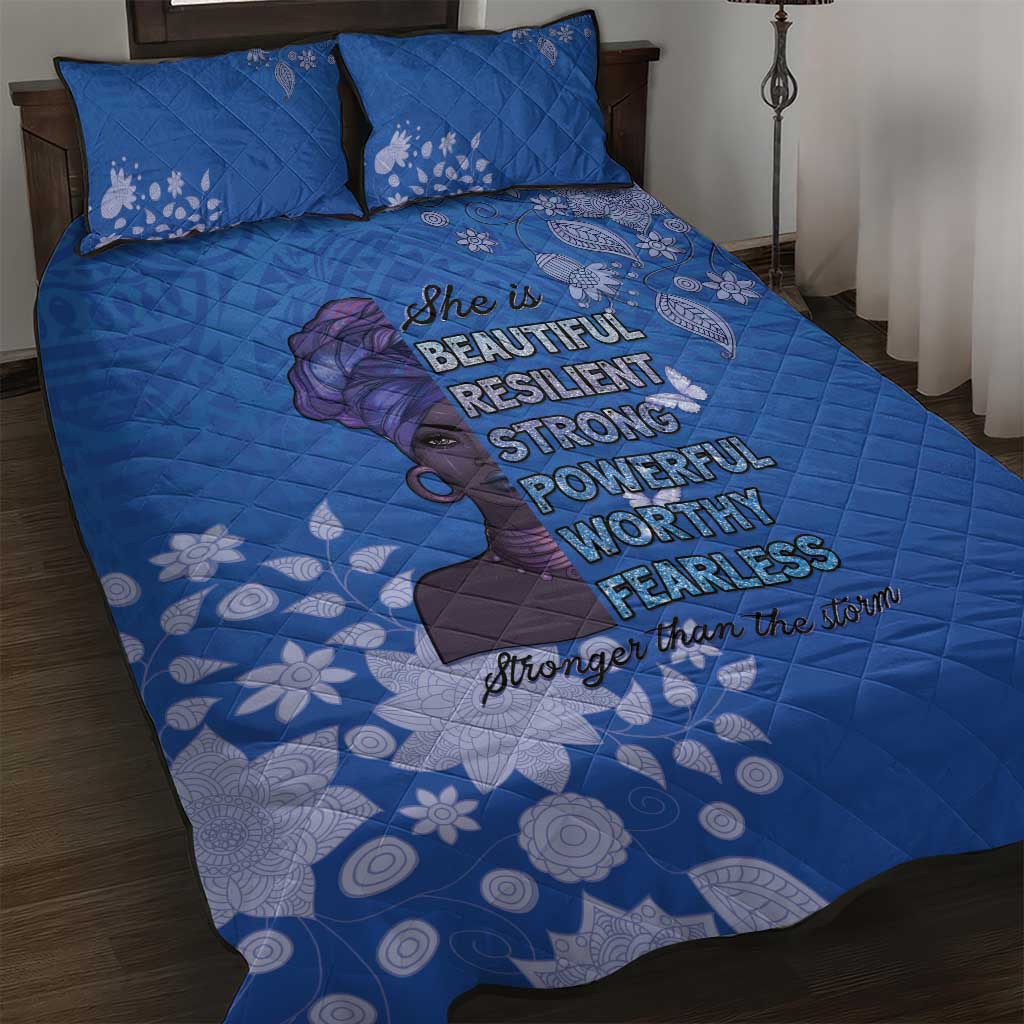 African Women Black Beautiful Brave and Bressed - Blue Color Quilt Bed Set LT15