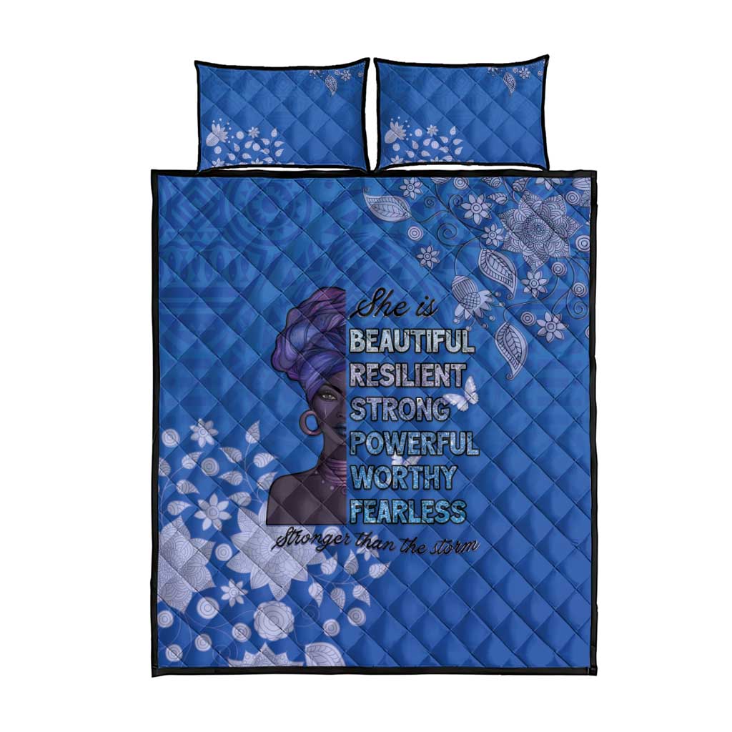 African Women Black Beautiful Brave and Bressed - Blue Color Quilt Bed Set LT15