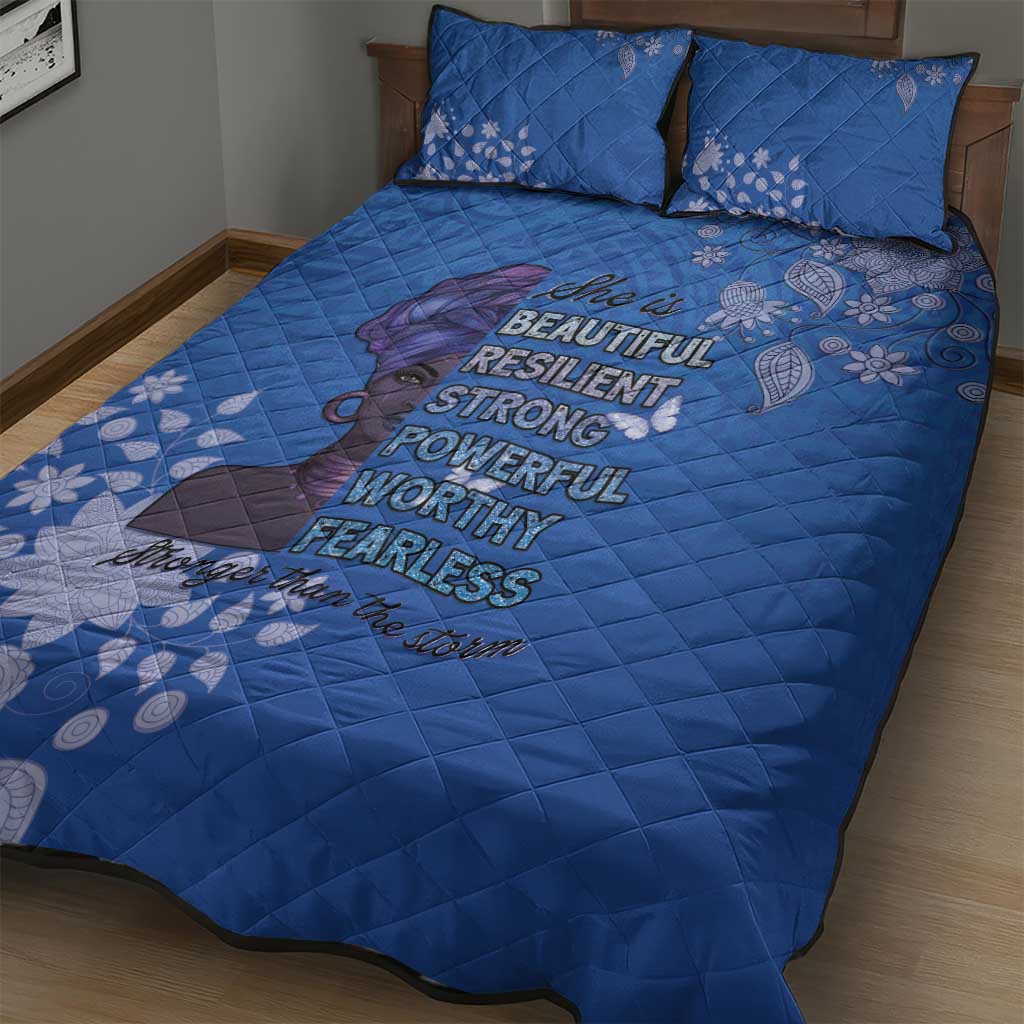African Women Black Beautiful Brave and Bressed - Blue Color Quilt Bed Set LT15