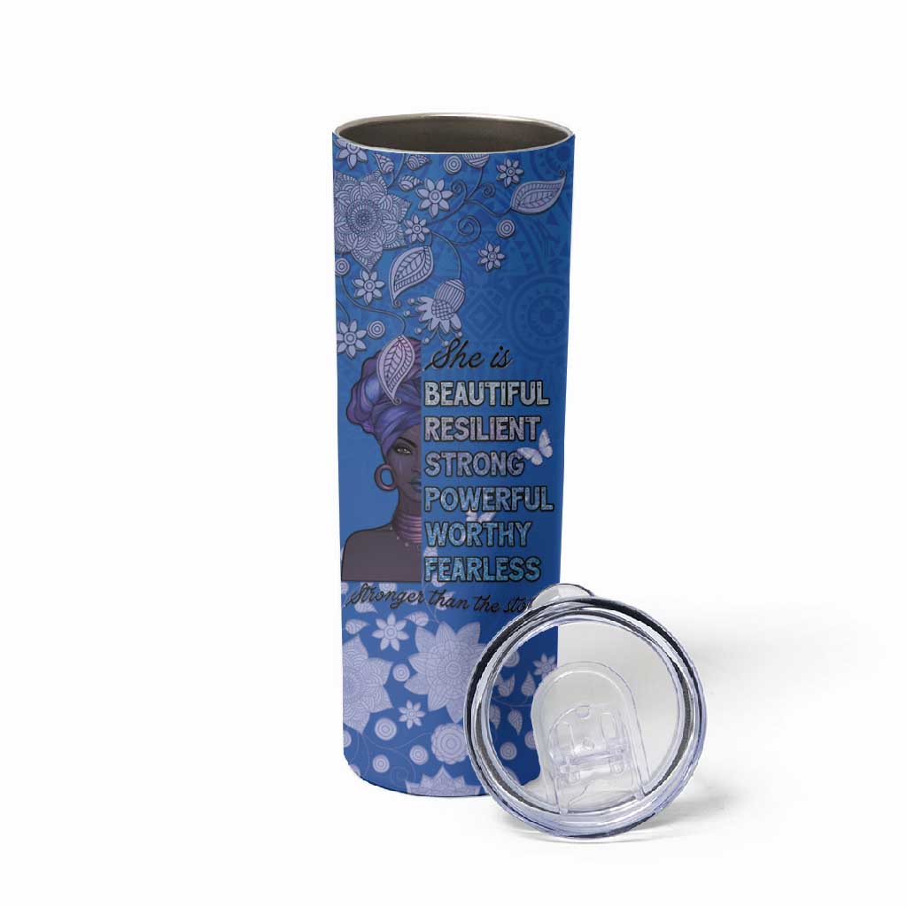 African Women Black Beautiful Brave and Bressed - Blue Color Skinny Tumbler LT15