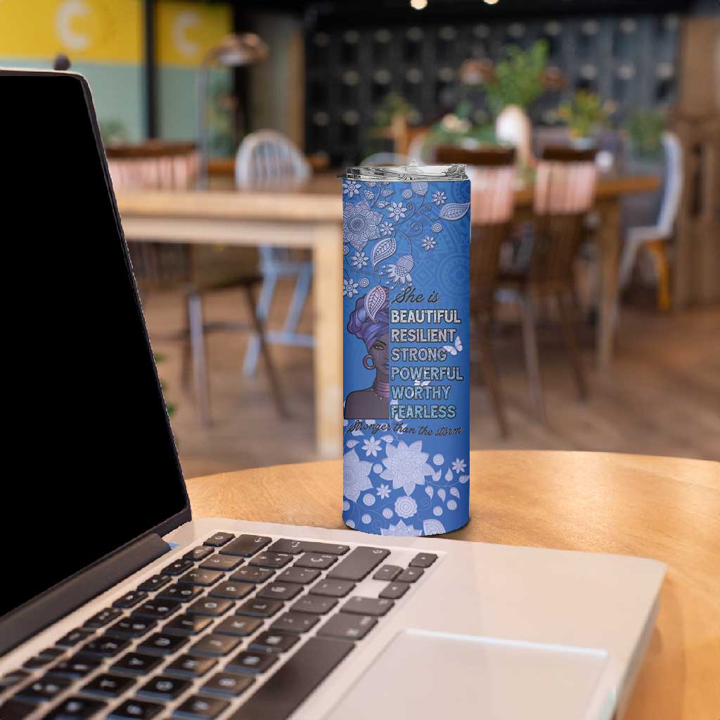 African Women Black Beautiful Brave and Bressed - Blue Color Skinny Tumbler LT15