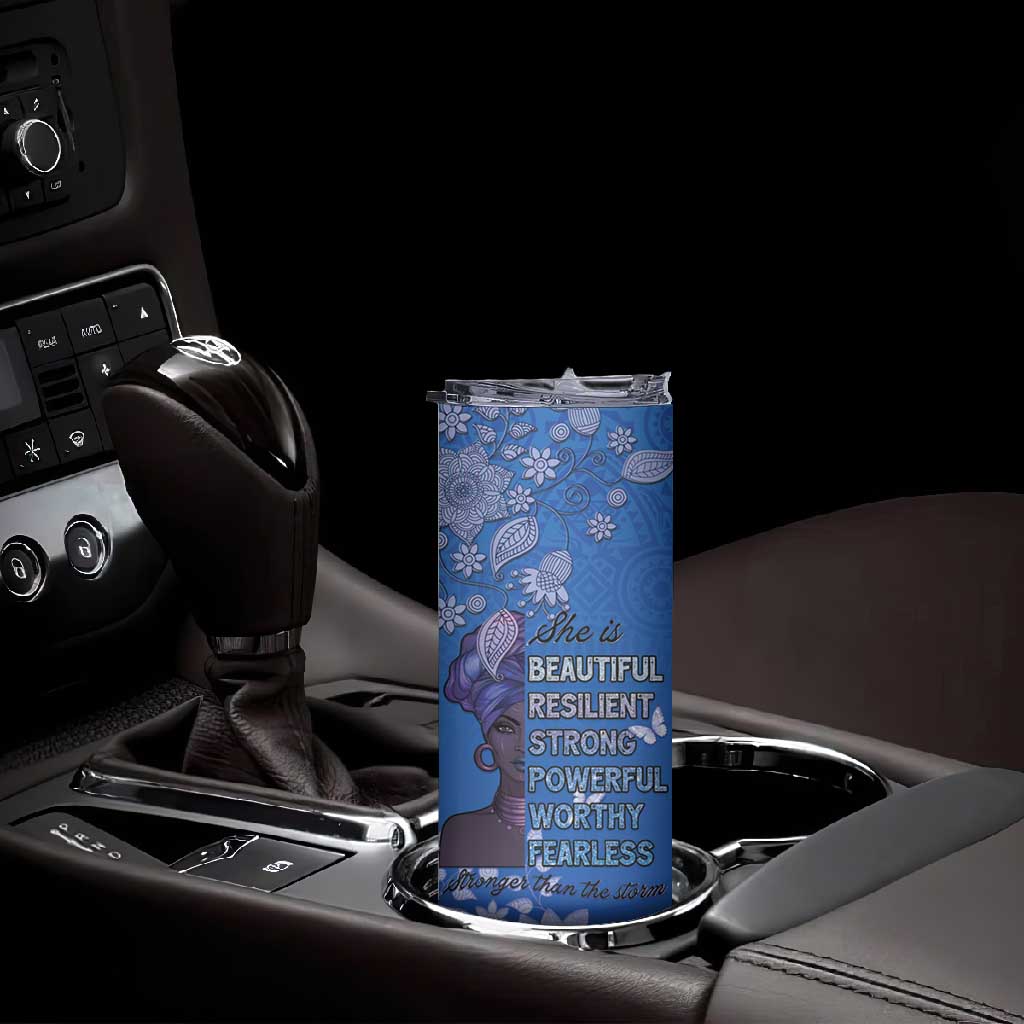 African Women Black Beautiful Brave and Bressed - Blue Color Skinny Tumbler LT15