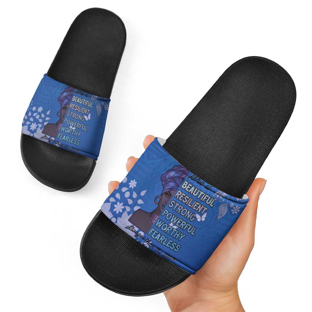 African Women Slide Sandals Black Beautiful Brave and Bressed - Blue Color LT15