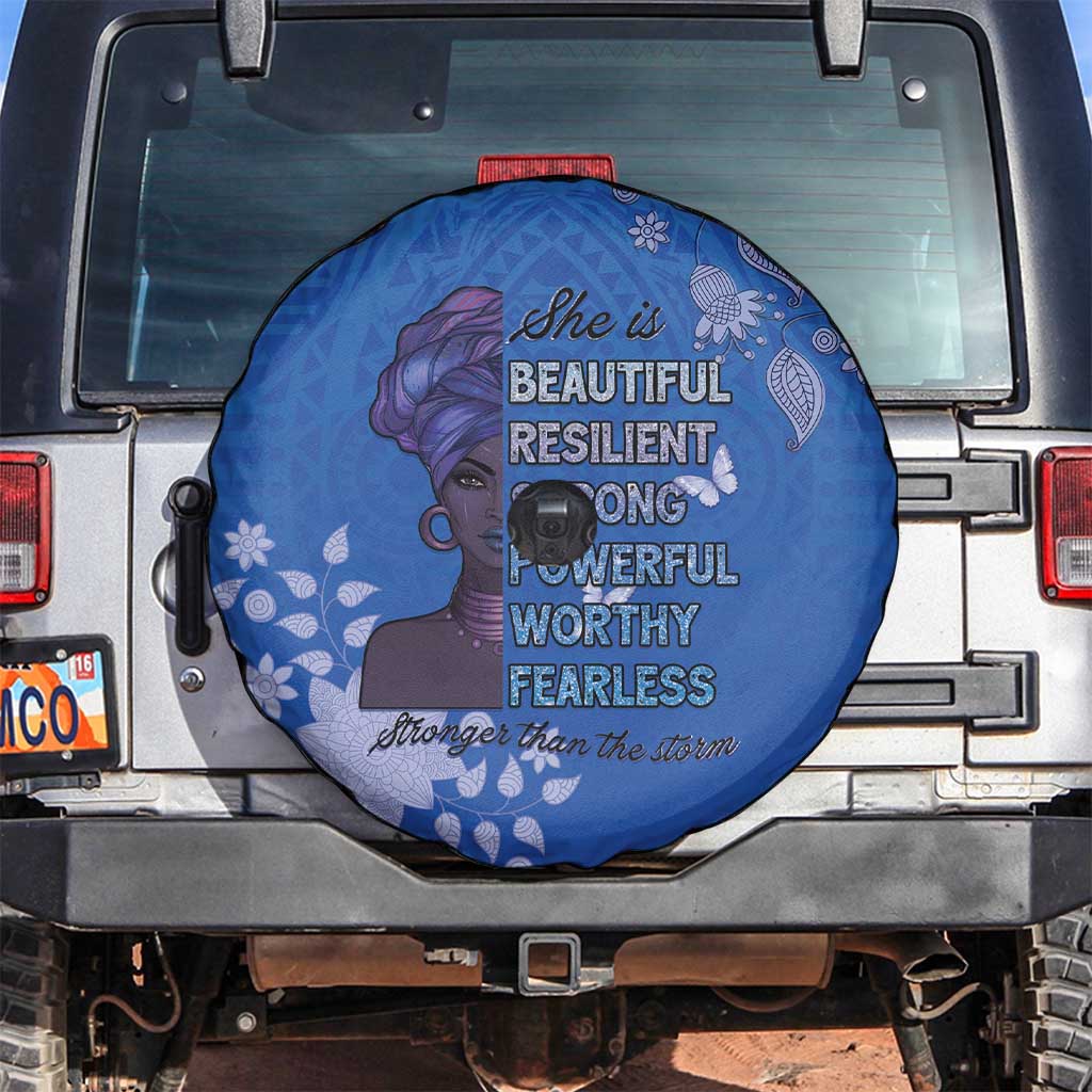 African Women Spare Tire Cover Black Beautiful Brave and Bressed - Blue Color LT15