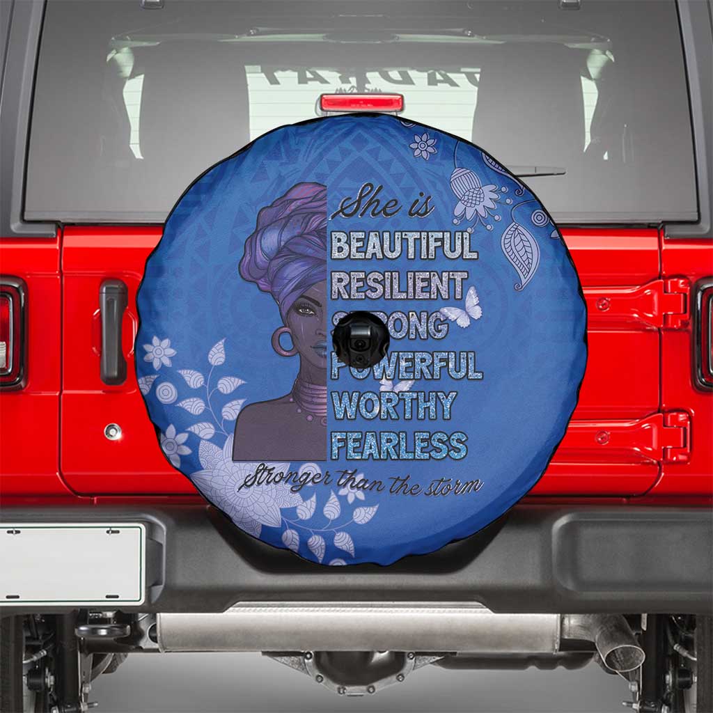 African Women Spare Tire Cover Black Beautiful Brave and Bressed - Blue Color LT15