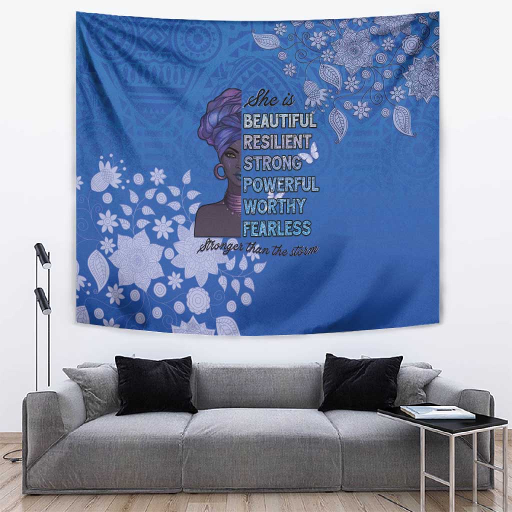 African Women Black Beautiful Brave and Bressed - Blue Color Tapestry LT15
