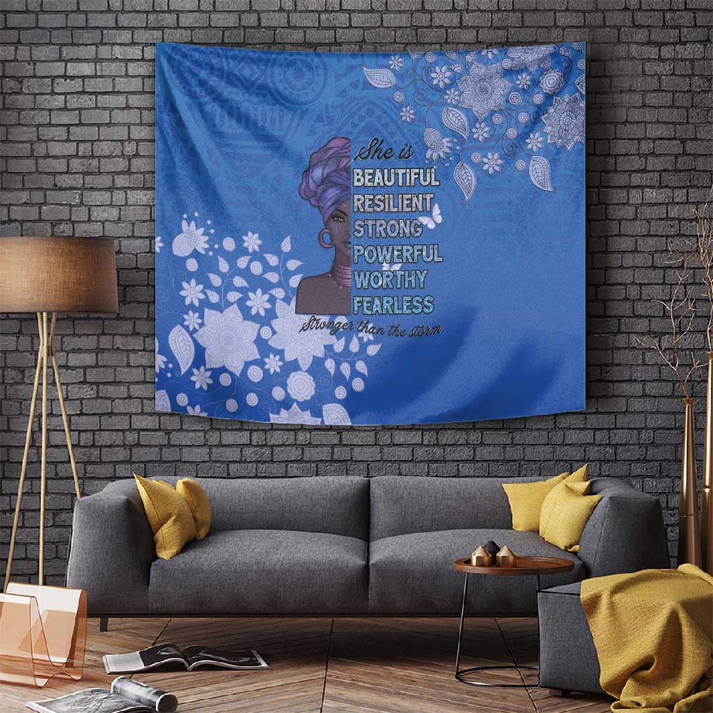 African Women Black Beautiful Brave and Bressed - Blue Color Tapestry LT15