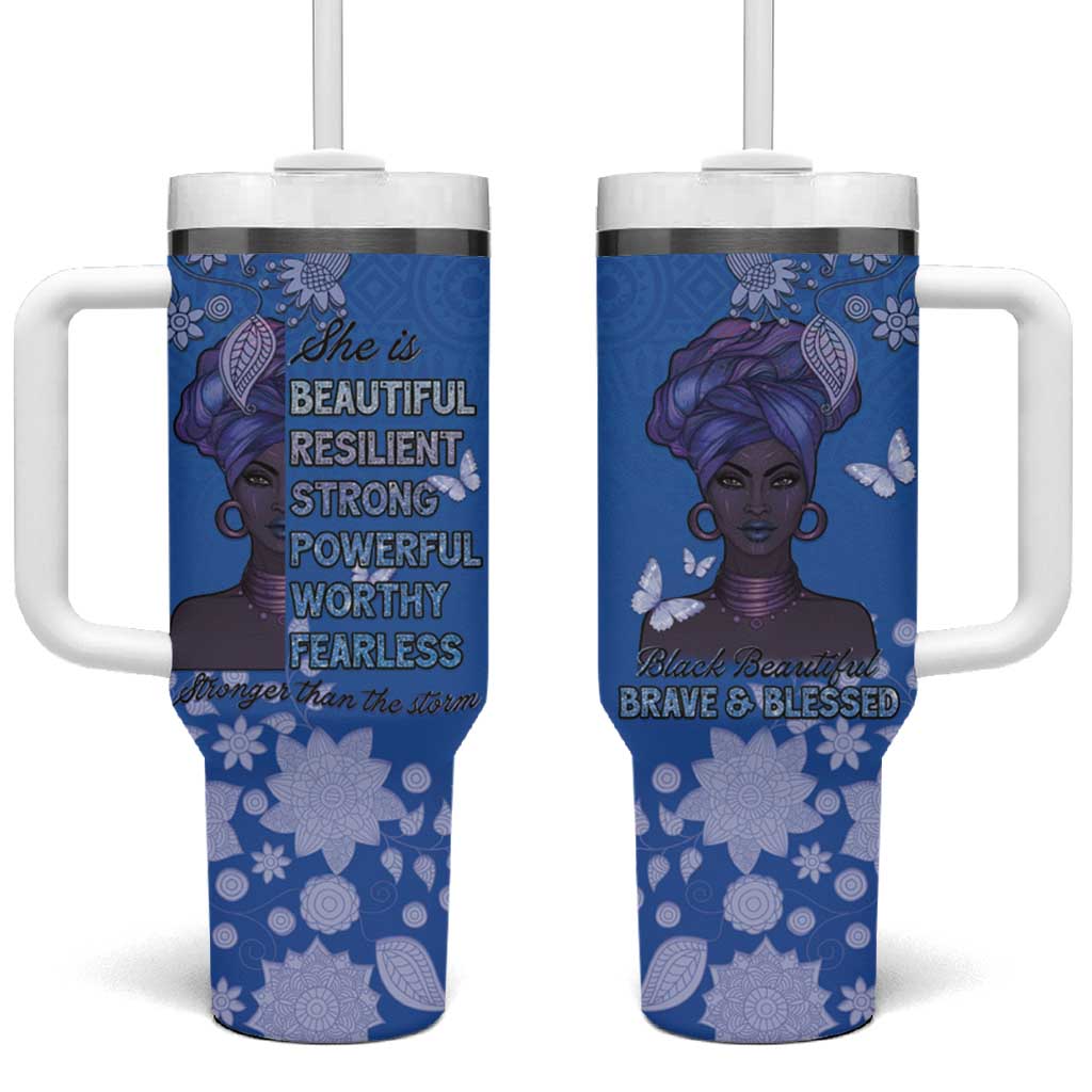 African Women Black Beautiful Brave and Bressed - Blue Color Tumbler With Handle LT15