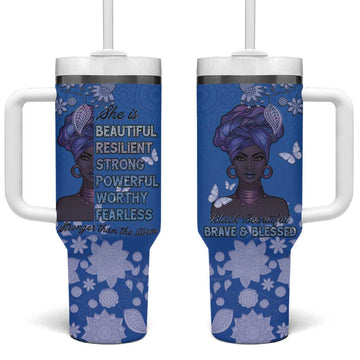 African Women Black Beautiful Brave and Bressed - Blue Color Tumbler With Handle LT15