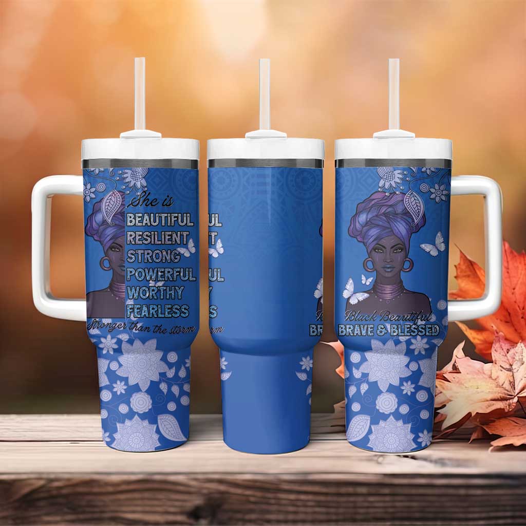 African Women Black Beautiful Brave and Bressed - Blue Color Tumbler With Handle LT15