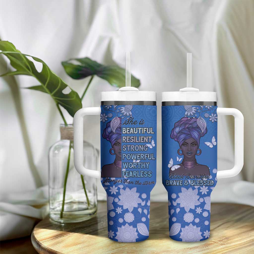 African Women Black Beautiful Brave and Bressed - Blue Color Tumbler With Handle LT15