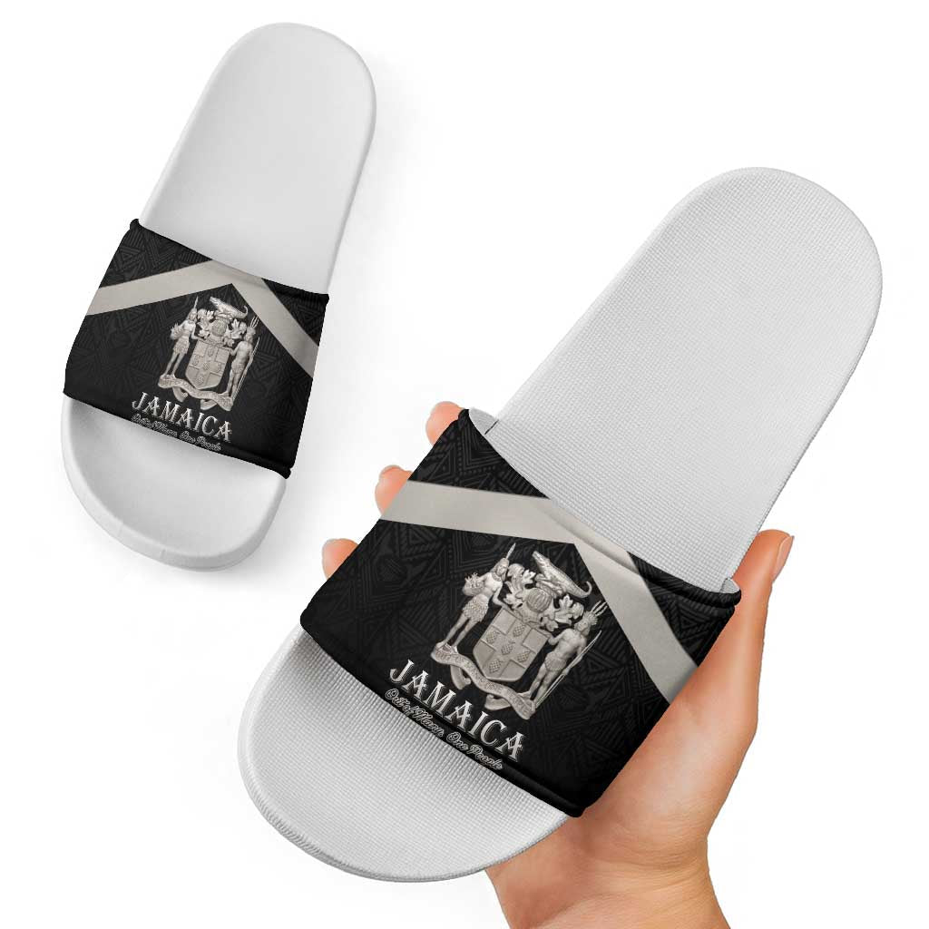 Jamaica Slide Sandals Coat Of Arms With Rastafarian Lion Silver Color LT15