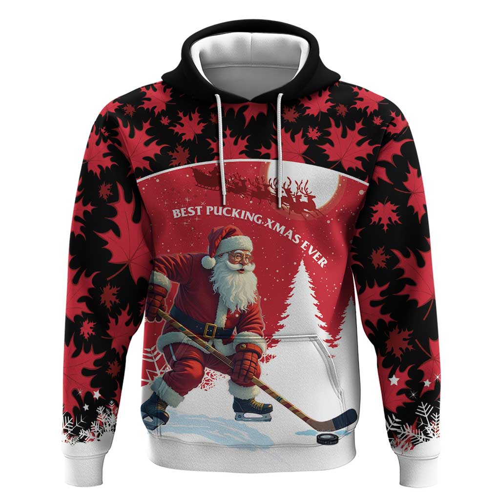 Personalized Canada Christmas Hoodie Santa Claus Hockey Player - Maple Leaves Pattern LT15