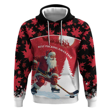Personalized Canada Christmas Hoodie Santa Claus Hockey Player - Maple Leaves Pattern LT15