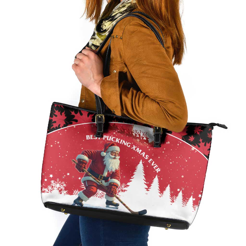 Canada Christmas Leather Tote Bag Santa Claus Hockey Player - Maple Leaves Pattern LT15