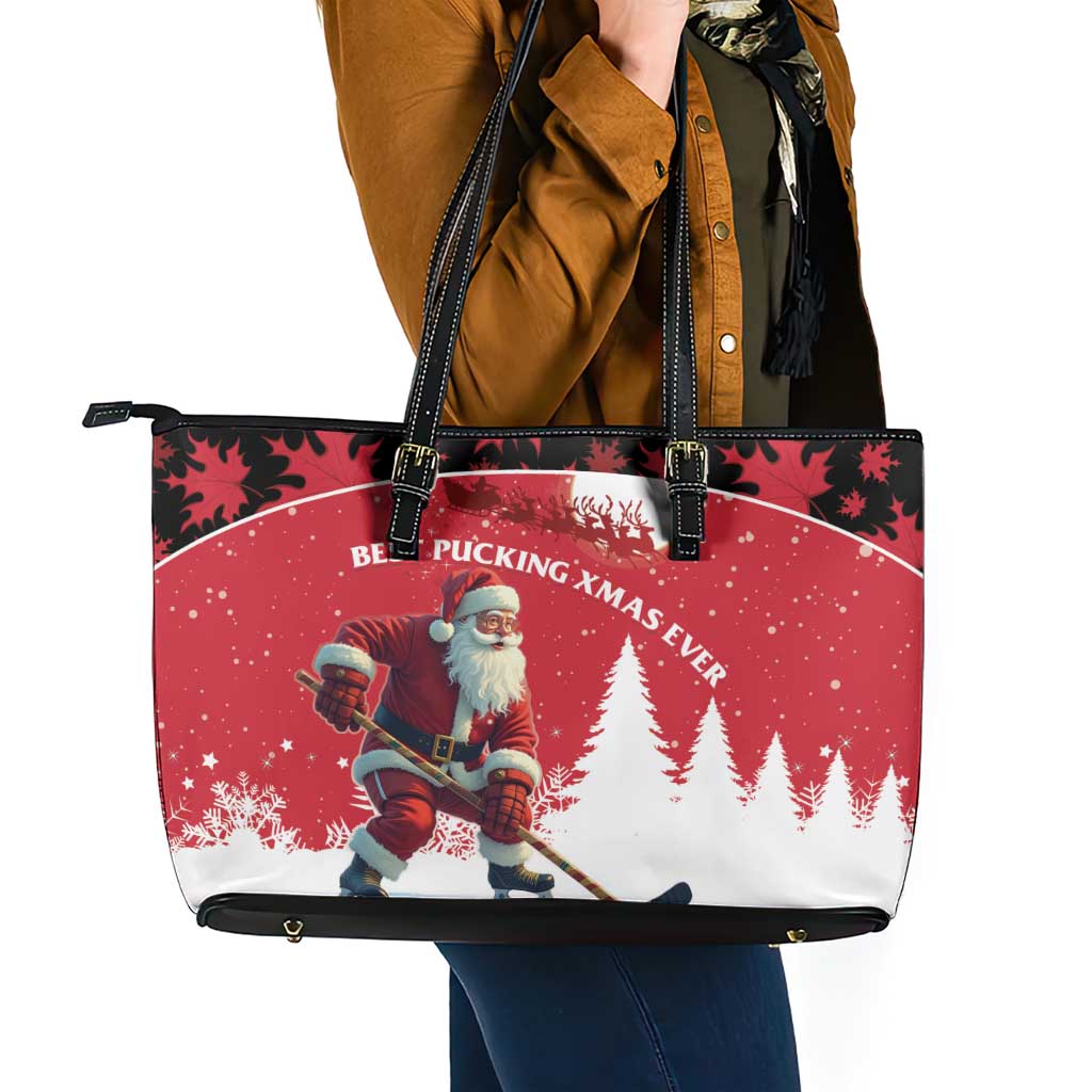 Canada Christmas Leather Tote Bag Santa Claus Hockey Player - Maple Leaves Pattern LT15