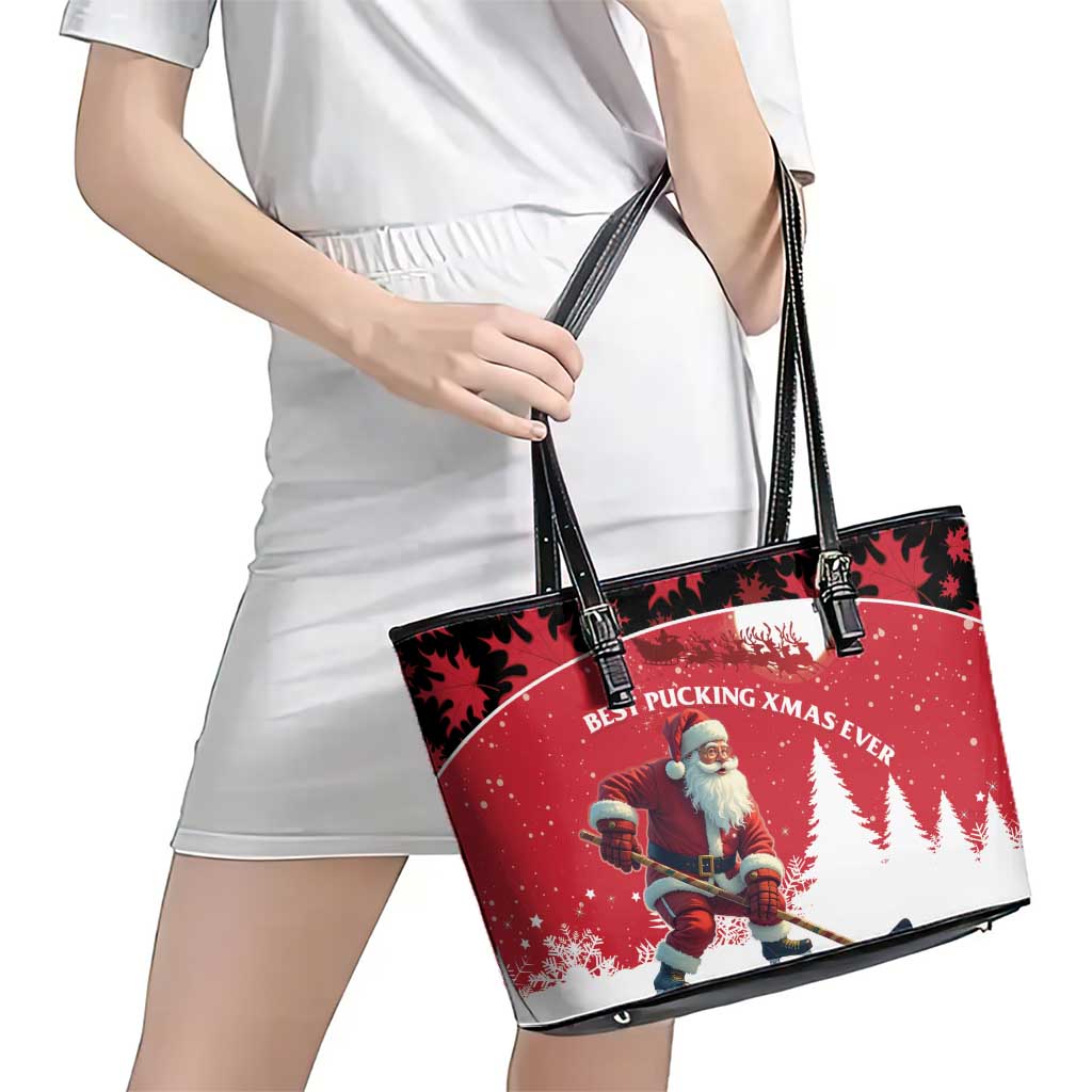 Canada Christmas Leather Tote Bag Santa Claus Hockey Player - Maple Leaves Pattern LT15