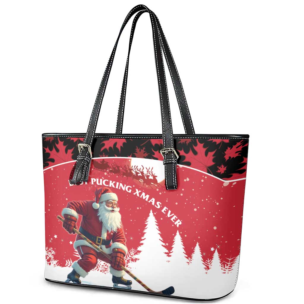 Canada Christmas Leather Tote Bag Santa Claus Hockey Player - Maple Leaves Pattern LT15