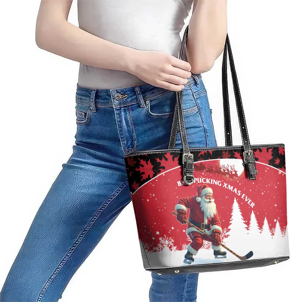 Canada Christmas Leather Tote Bag Santa Claus Hockey Player - Maple Leaves Pattern LT15