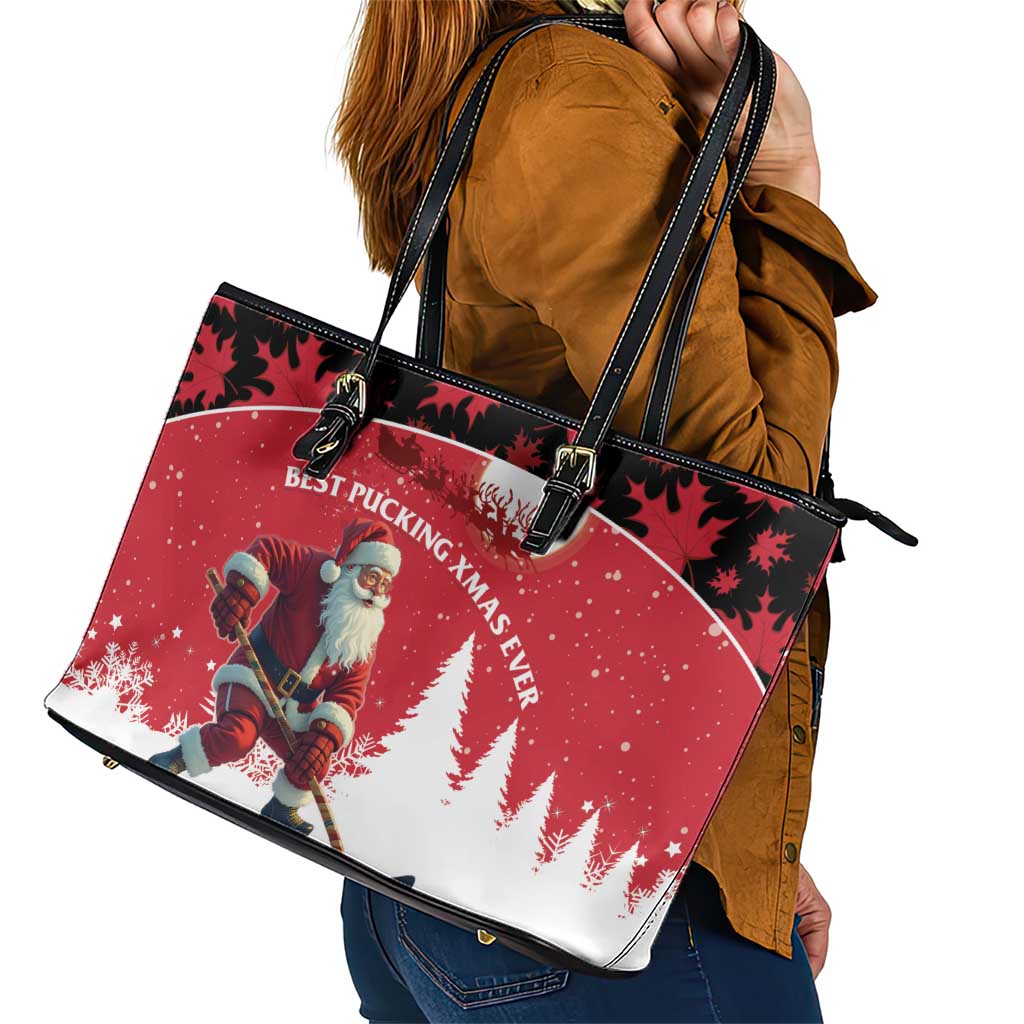 Canada Christmas Leather Tote Bag Santa Claus Hockey Player - Maple Leaves Pattern LT15