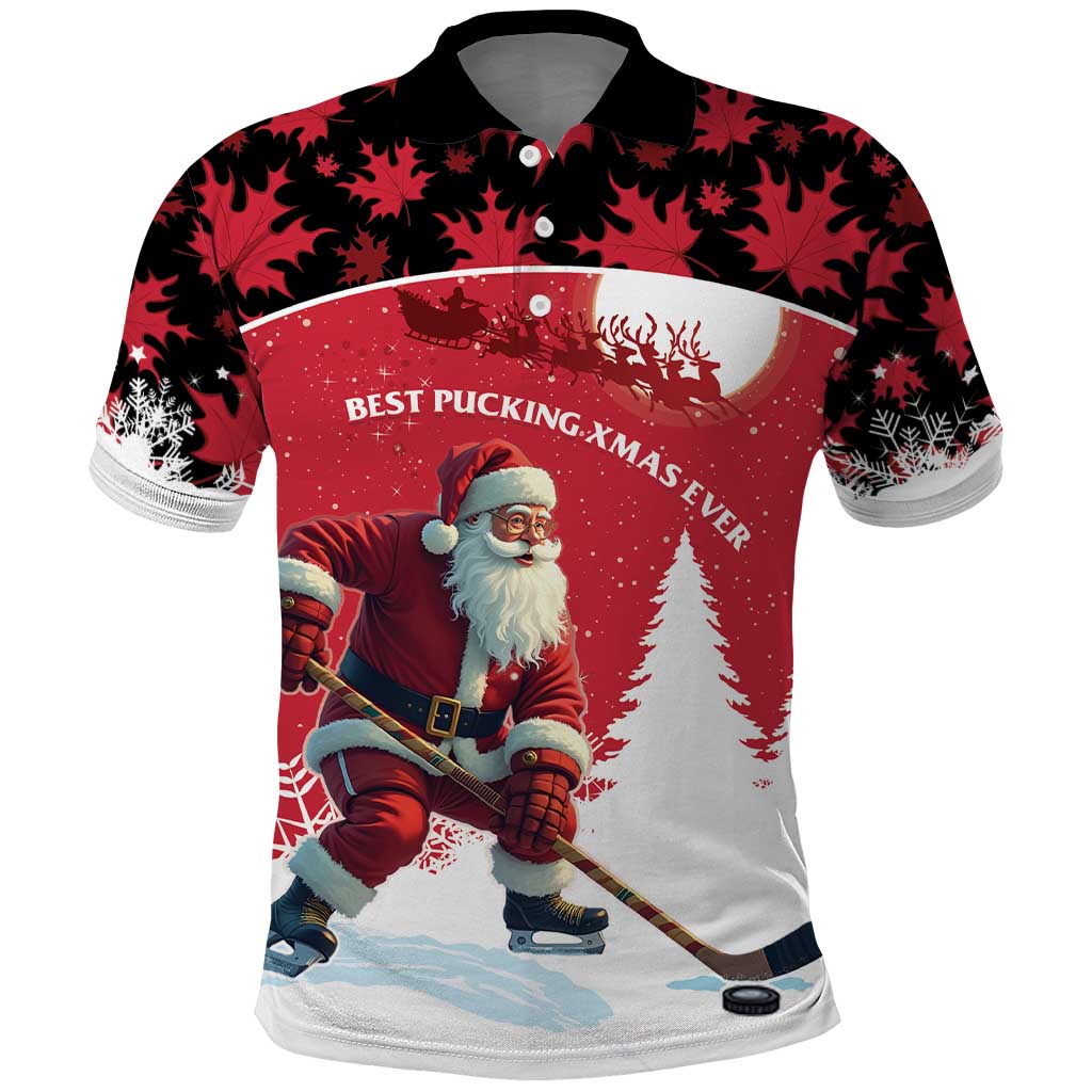 Personalized Canada Christmas Polo Shirt Santa Claus Hockey Player - Maple Leaves Pattern LT15