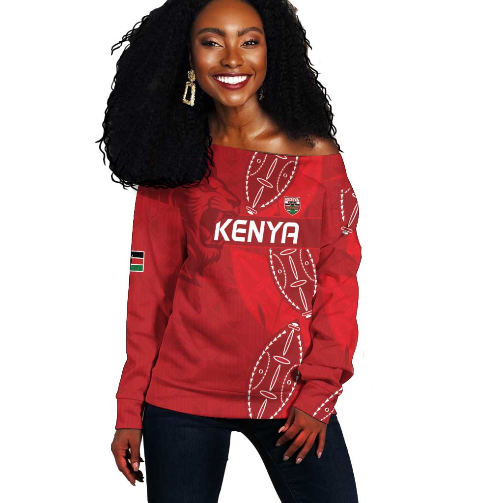 Jamhuri ya Kenya Rugby Custom Off Shoulder Sweater Kenyan Shield Style - Red Color LT15