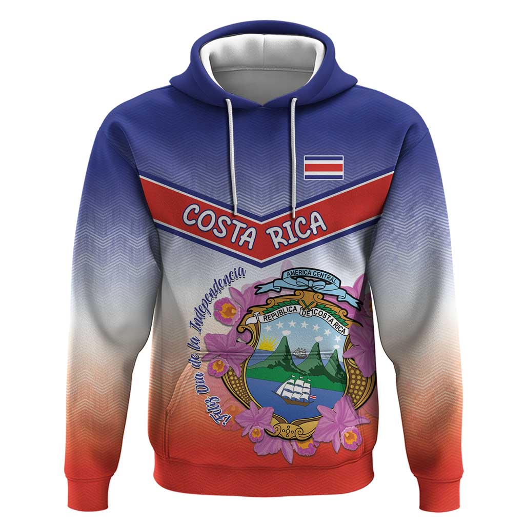 Personalized Costa Rica Independence Day Hoodie Coat Of Arms With Purple Guaria Morada Orchid LT15
