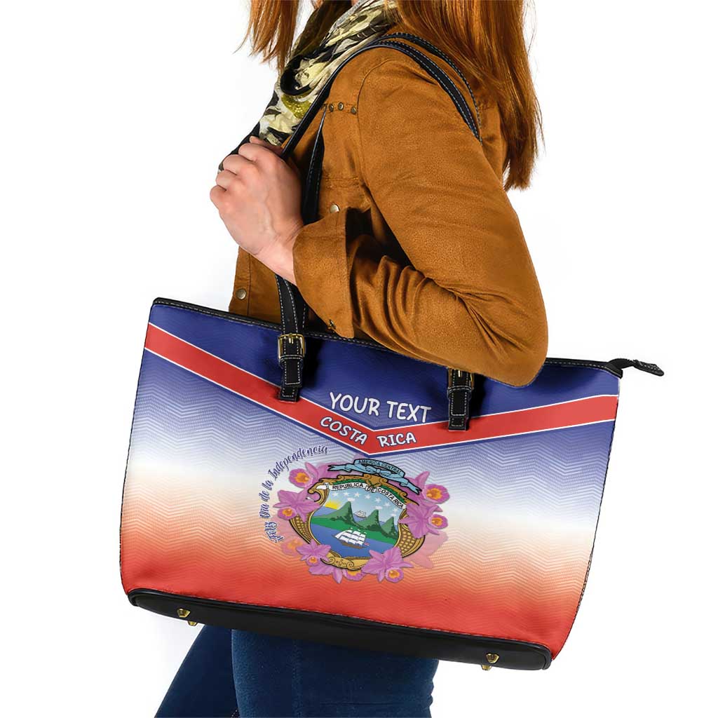 Personalized Costa Rica Independence Day Leather Tote Bag Coat Of Arms With Purple Guaria Morada Orchid LT15