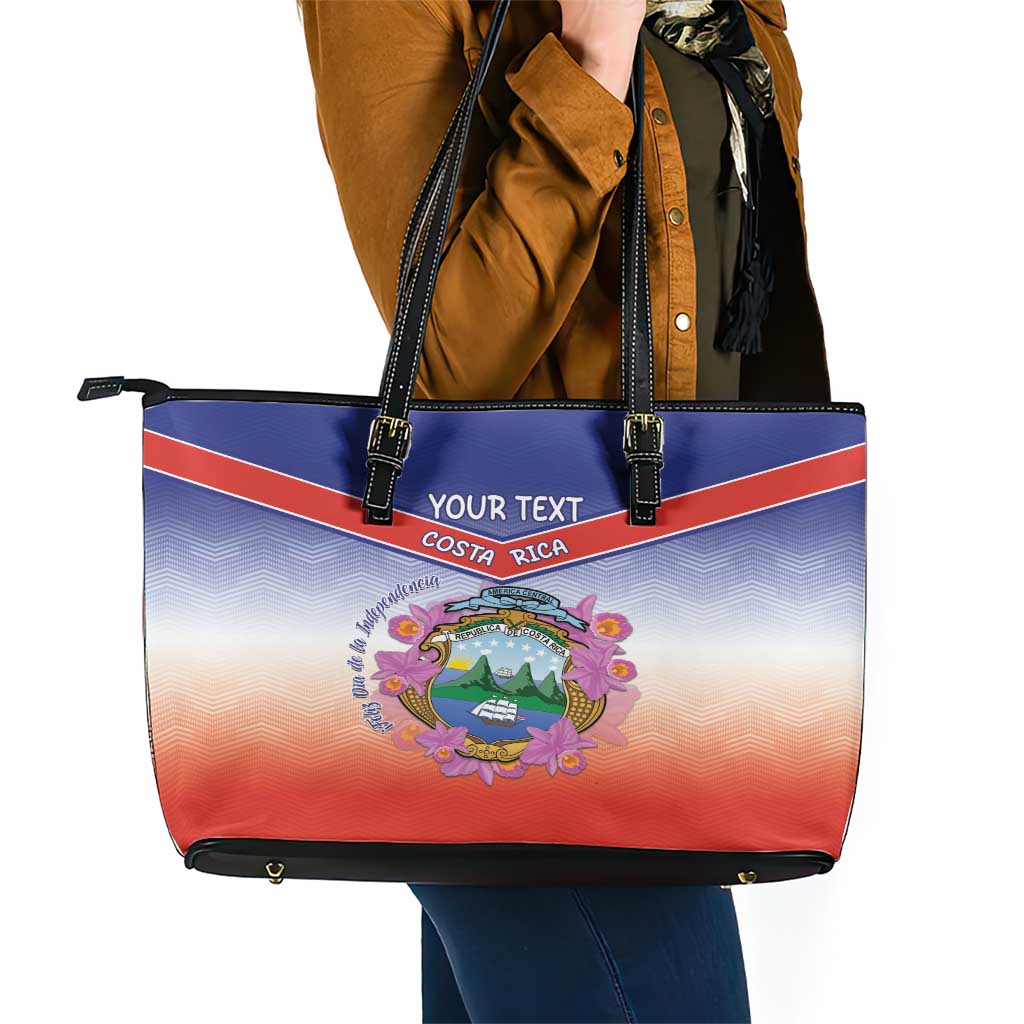 Personalized Costa Rica Independence Day Leather Tote Bag Coat Of Arms With Purple Guaria Morada Orchid LT15