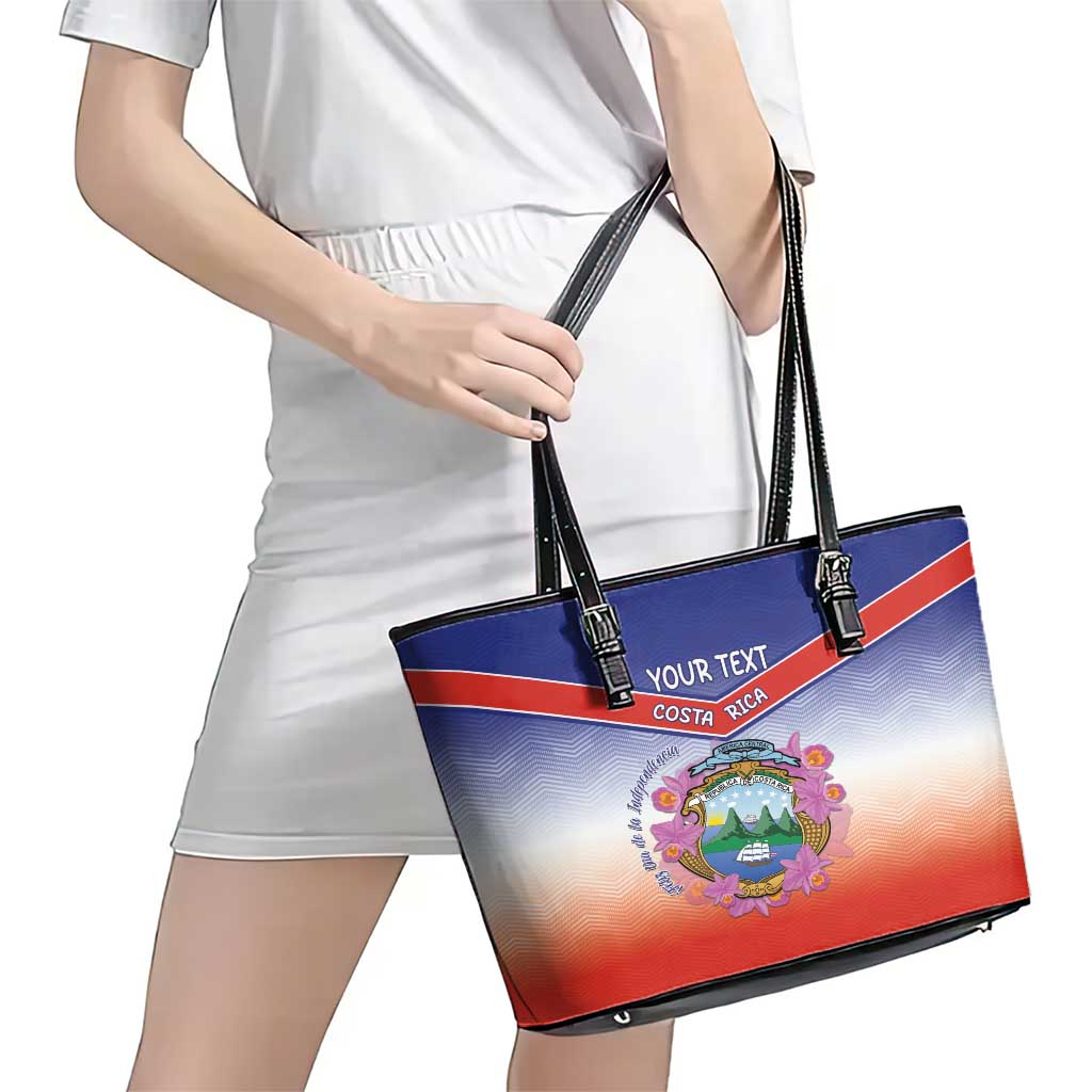 Personalized Costa Rica Independence Day Leather Tote Bag Coat Of Arms With Purple Guaria Morada Orchid LT15
