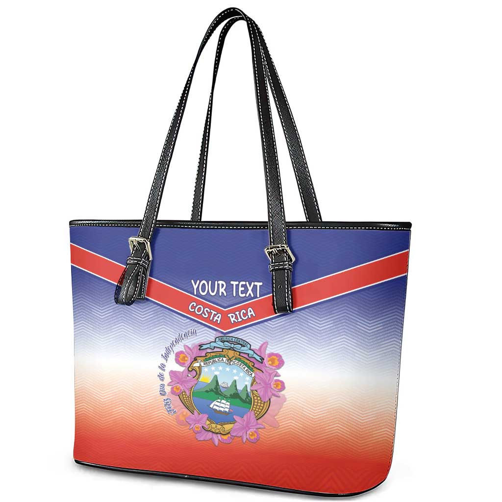 Personalized Costa Rica Independence Day Leather Tote Bag Coat Of Arms With Purple Guaria Morada Orchid LT15